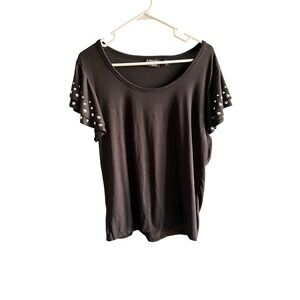 Onque Casual Womens Black Studded Flutter Sleeve Scoop Neck Top Large